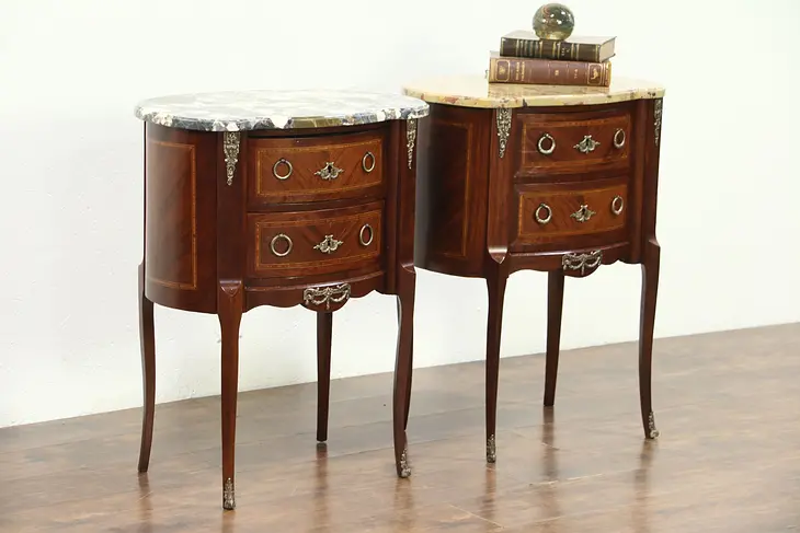 Pair of Marquetry & Marble Top French Chests, Nightstand or End Tables, France