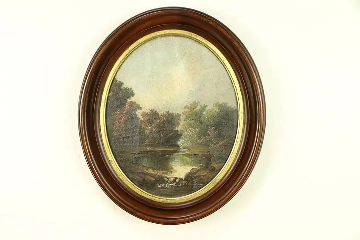 Fishing at a Pond, Antique 1850's Original Oil Painting Oval Walnut Frame #30361