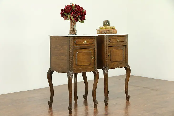 Pair Country French Antique Oak Nightstands or End Tables, Marble Tops #30643
