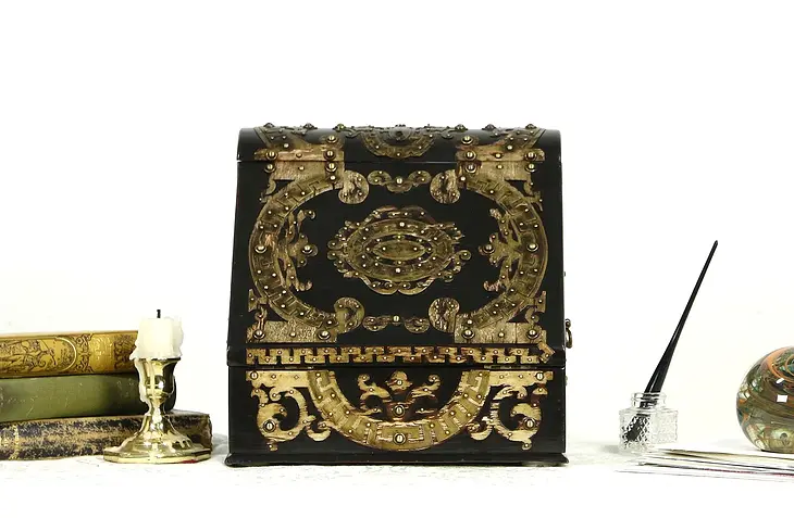 English Ebonized & Brass Antique 1870 Desktop Letter Box or File