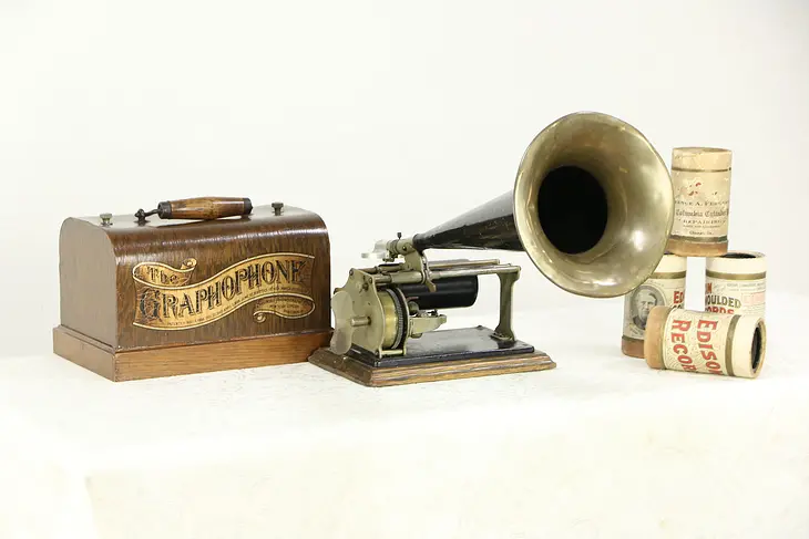 Oak Phonograph Graphophone Cylinder Record Player & Horn, Pat. 1897