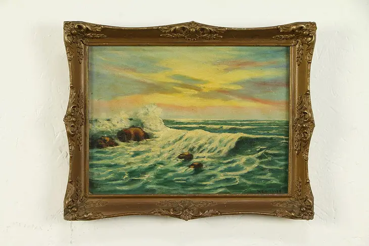 Victorian Antique Crashing Waves at Sunset Painting, Sullivan #32193
