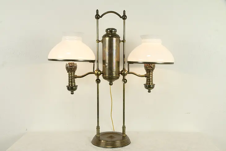 Victorian Antique Brass Double Desk Oil Lamp, Electrified, Manhattan 1876 #32287