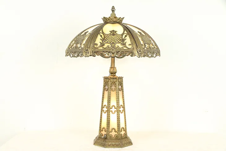 Stained Glass Panel Shade Antique Lamp, Lighted Base, Bronze Finish #32310