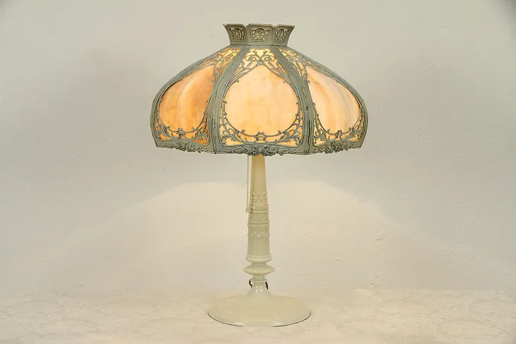 Ivory Classical Curved Stained Glass 8 Panel Shade Antique Lamp #32362