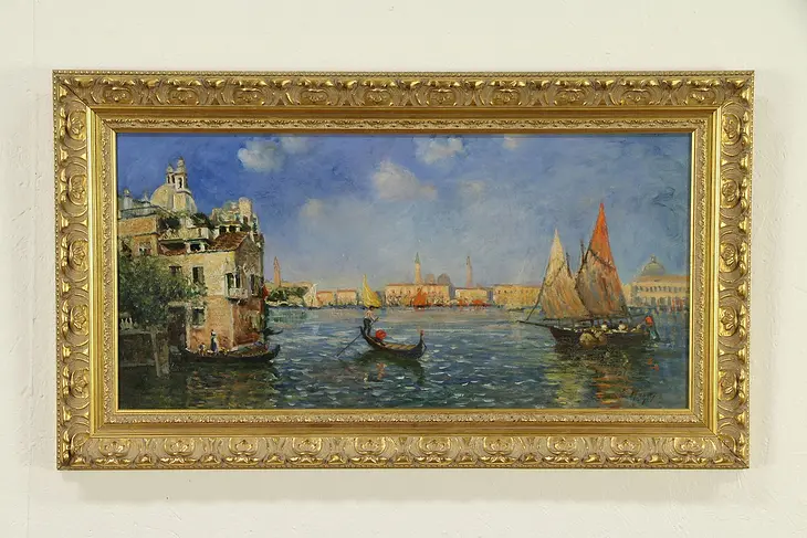 Gondola in Venice, Vintage Original Oil Painting, Gold Leaf Frame, Signed #32364