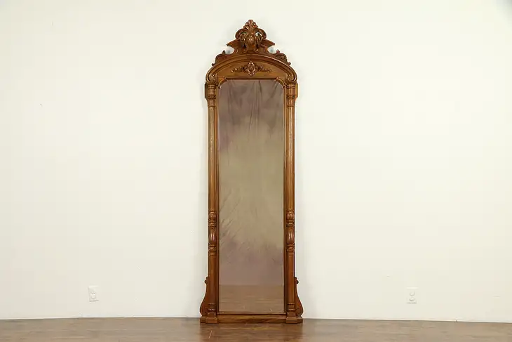 Victorian Antique 1860 Hand Carved Walnut Hall or Pier Mirror #32425