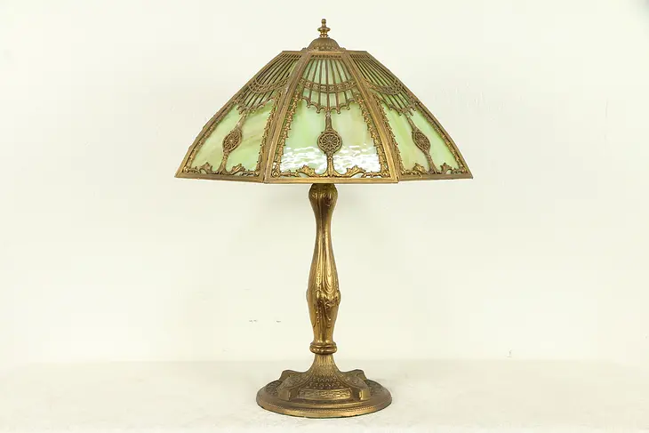 Stained Glass Antique 1915 Lamp, 8 Curved Panel Filigree Shade #32534