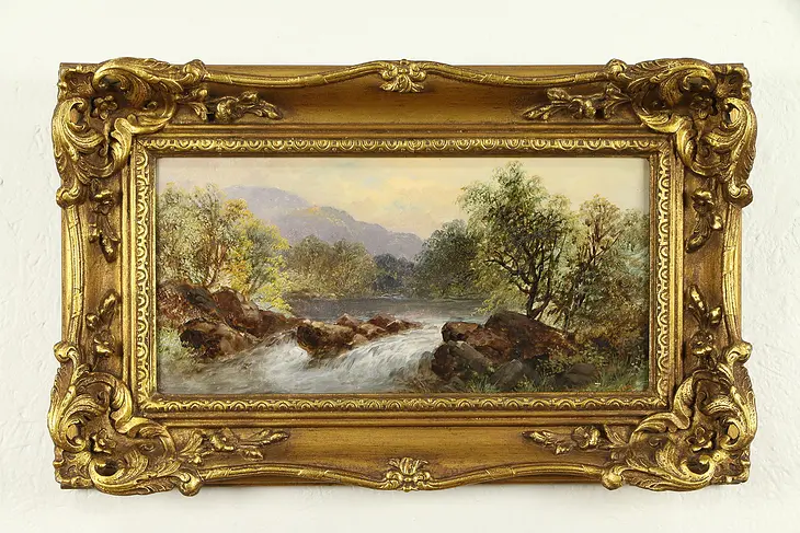 Rapids In Derbyshire, England Antique Original Oil Painting, Yarnold  #32539