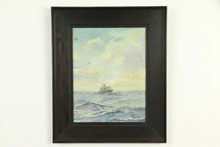 Ship at Sea, Original Oil Painting, Lillian Thoele 1937, Oak Frame #32692