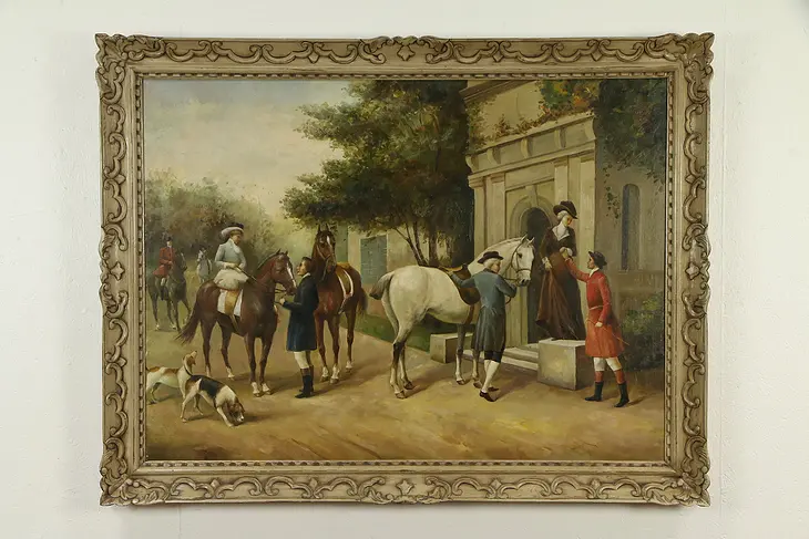 English Country House Courtyard Scene, Antique Original Oil Painting #32696