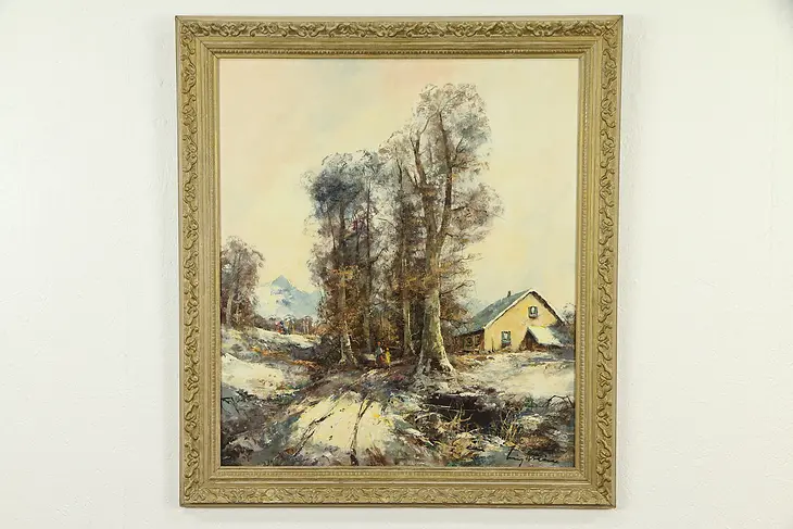 Farmhouse in Winter with Mountains, Vintage Original Oil Painting, Weiss #32699