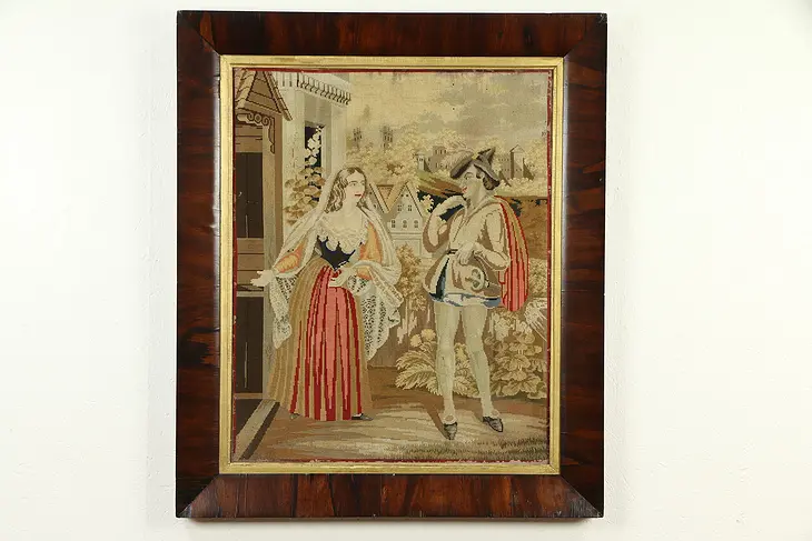 Renaissance Scene Antique Needlepoint Tapestry, Rosewood Frame #32713