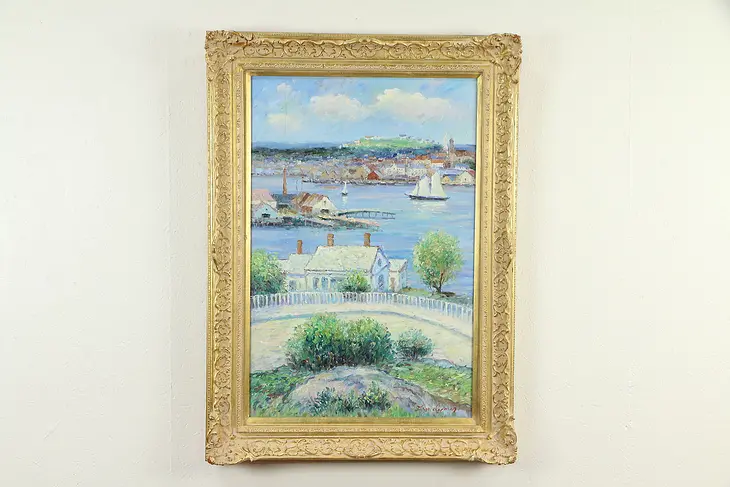 Harbor in France, Original Oil Painting, Signed Clymer, Gold Frame #32852