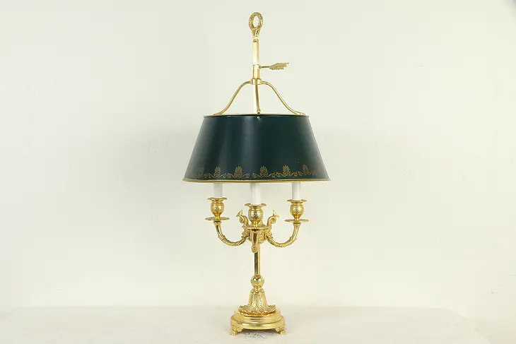 Classical Gold Plated 3 Candle Vintage Lamp, Painted Toleware Shade #32878