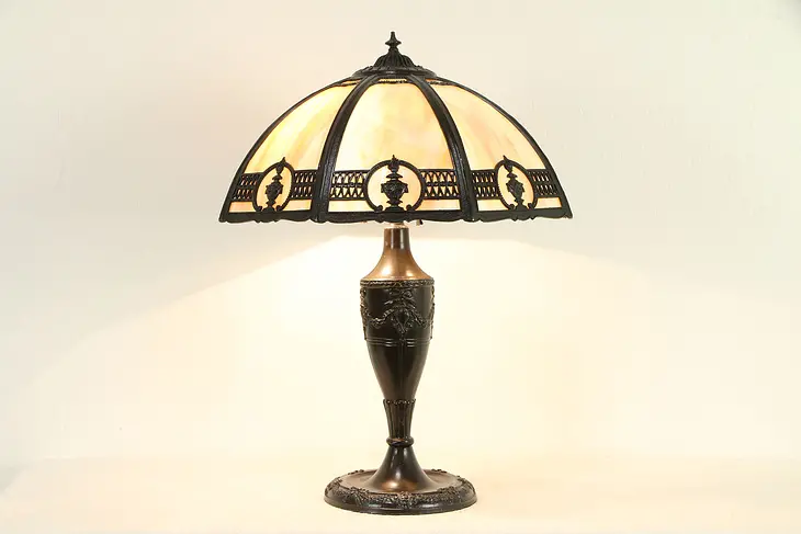 Stained Glass 8 Panel Shade Antique Lamp, Torch & Swag Motif #32890