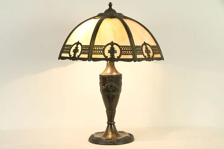 Stained Glass 8 Panel Shade Antique Lamp, Dark Bronze Torch & Swag Motif #32900
