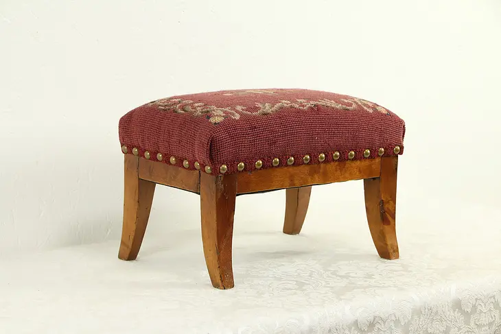Fruitwood Antique French 1820's Footstool, Hand Stitched Needlepoint #32918
