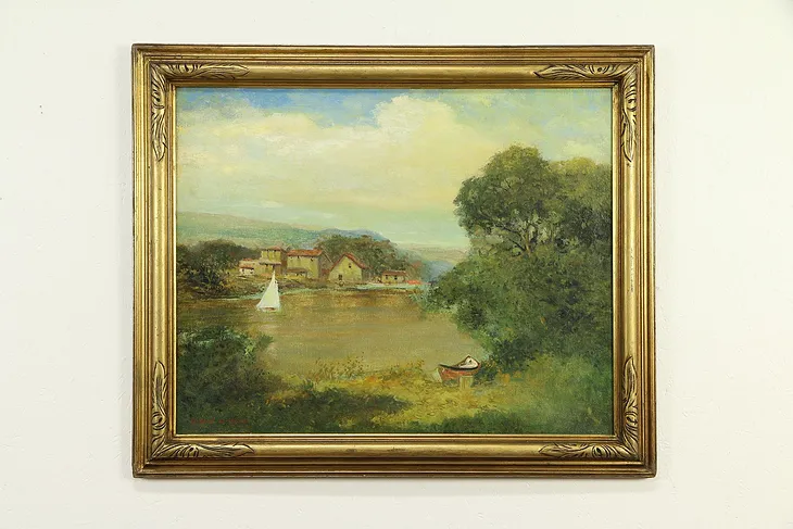 Lake & Sailboat Original Antique Oil Painting, Signed Richard Wilson  #33005