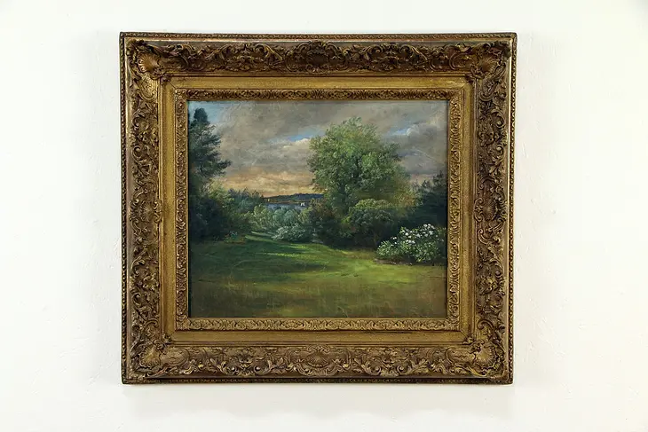 Clearing & Lake Original Oil Antique Painting, Gold Frame #33056