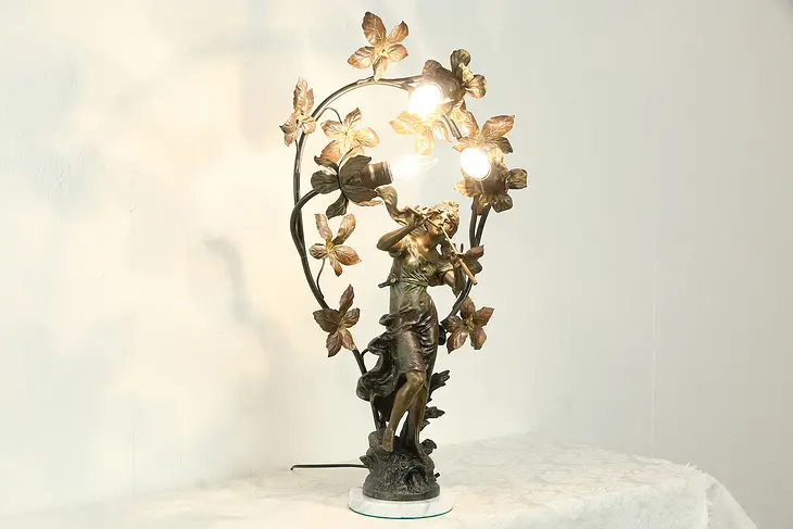 Flutist Antique Art Nouveau Sculpture, Newel Post Lamp #33226