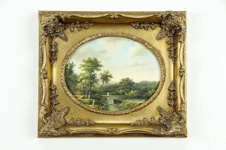 English River Scene, Original Oil Painting, Oval Gold Frame #33323