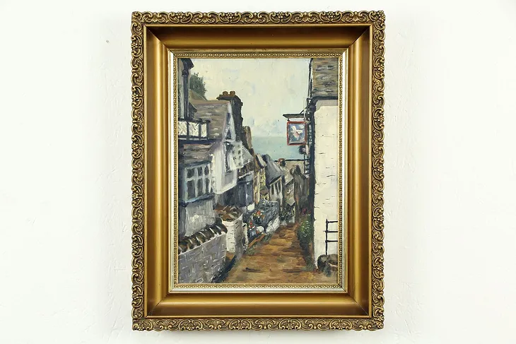 Street Scene, Pub Sign & Ocean, Cornwall England, Gold Frame #33324