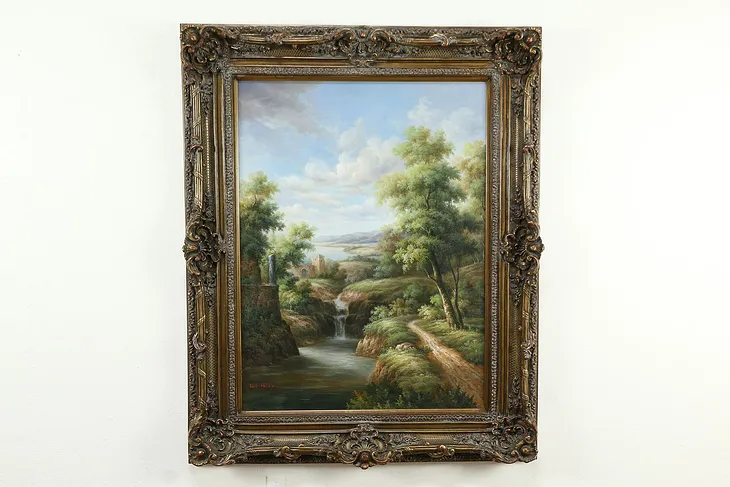 Waterfall, Lake & Castle 5' Tall Original Oil Painting, Karl Halley #33351