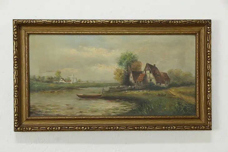 Cottage, Canoe & Windmill Original Antique Oil Painting #33387