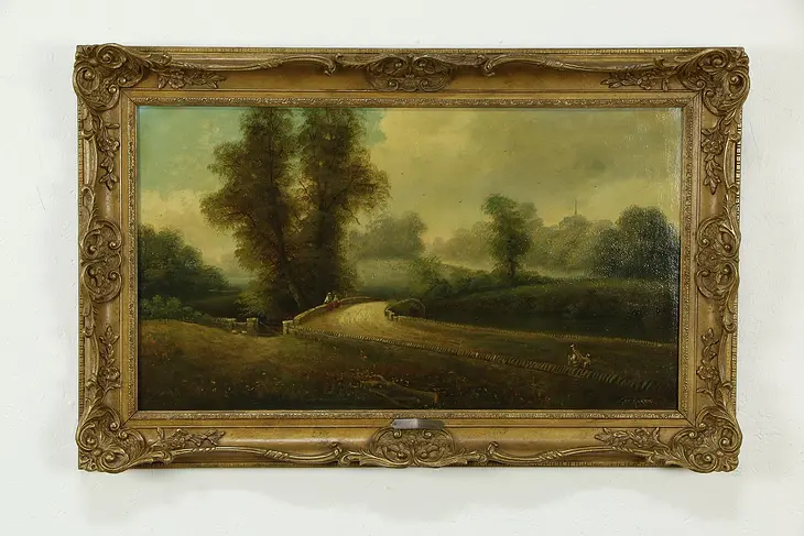 Bridge over Country River, Antique Original Oil Painting George Harris #33388