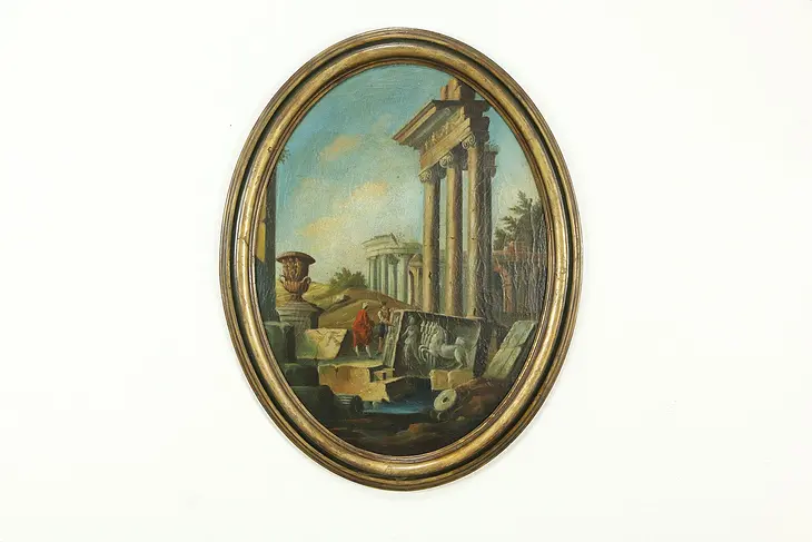 Classical Roman Ruins in Italy, Antique Original Oval Oil Painting #33390