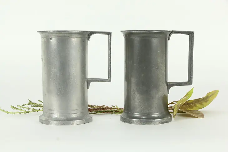 Pair of Antique French Pewter Demi Litre Tankard Mugs, Crown Stamps A3 #33414