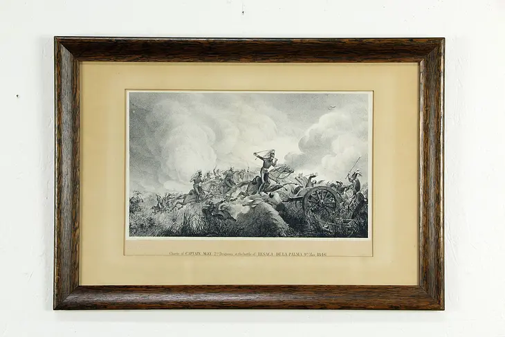 Resaca de la Palma 1846 Mexican War Litho Engraving, Signed, Oak Frame #33448