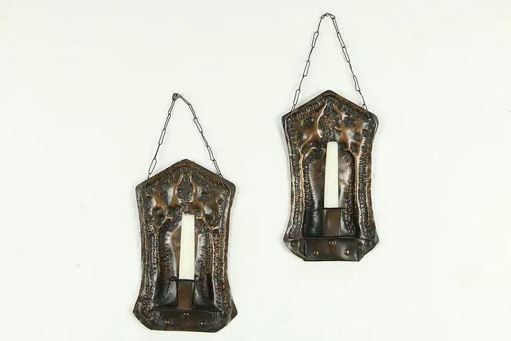 Pair of Arts & Crafts Antique Hammered Copper Wall Sconce Candleholders  #33467