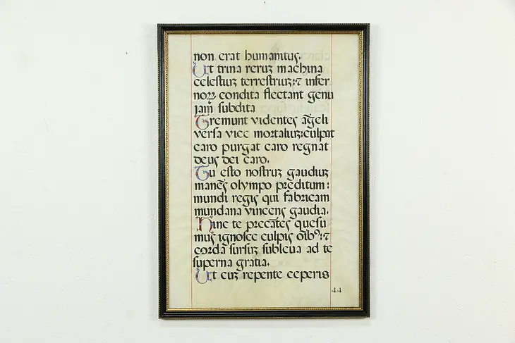 Musical Antique 1600's Latin Manuscript, Hand Painted on Vellum, Framed #33526