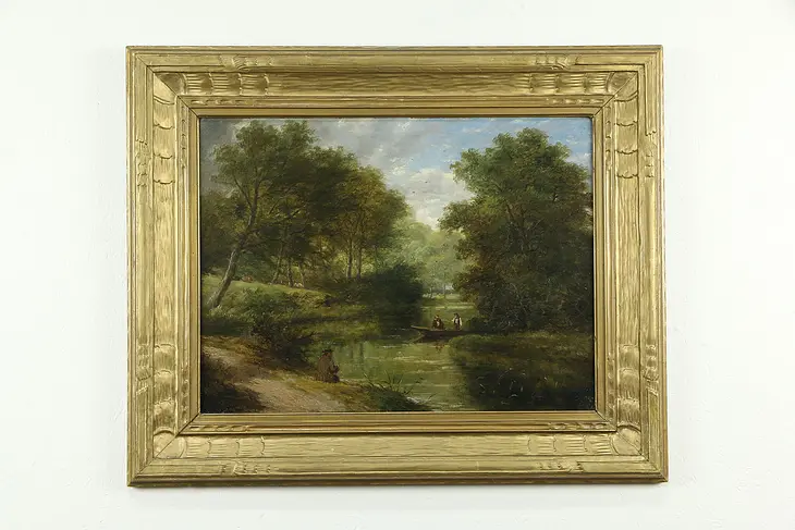 Fishing on a Stream 32" Antique 1910 Original Oil Painting on Canvas #33541