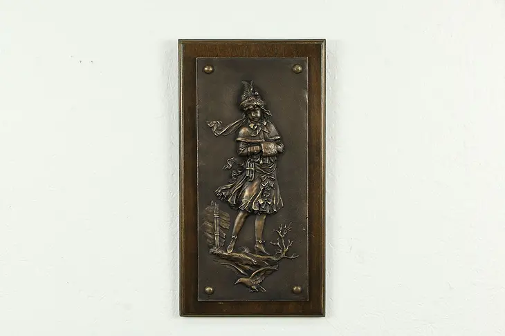 Victorian Antique Bronze Sculpture Panel, Girl with Muff & Bird #33573