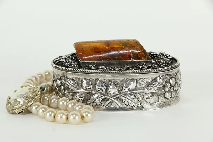 Sterling Silver Antique Jewelry Box with Genuine Amber Jewel #33577