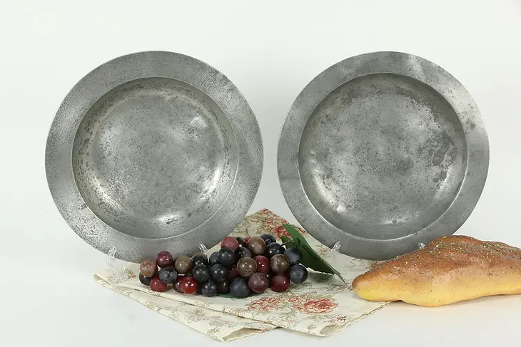 Pair of Antique Pewter Bowls or Soup Plates London & German Marks #33717