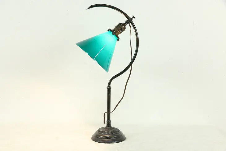 Student Antique Desk Lamp, Adjustable Green Cased Glass Shade #33730
