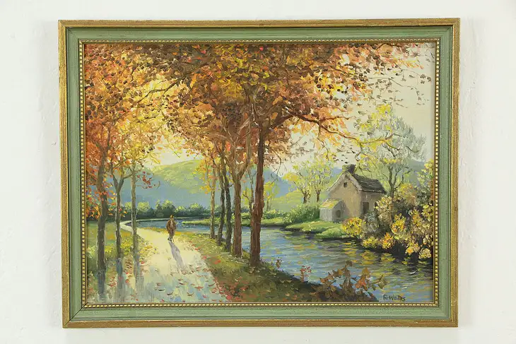 Path Along a Stream Vintage Original Oil Painting R Woitas 18" #34336