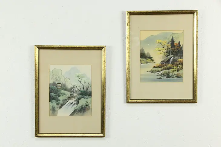 Pair of Original Japanese Vintage Paintings on Silk Custom Frames 17 1/2" #34337