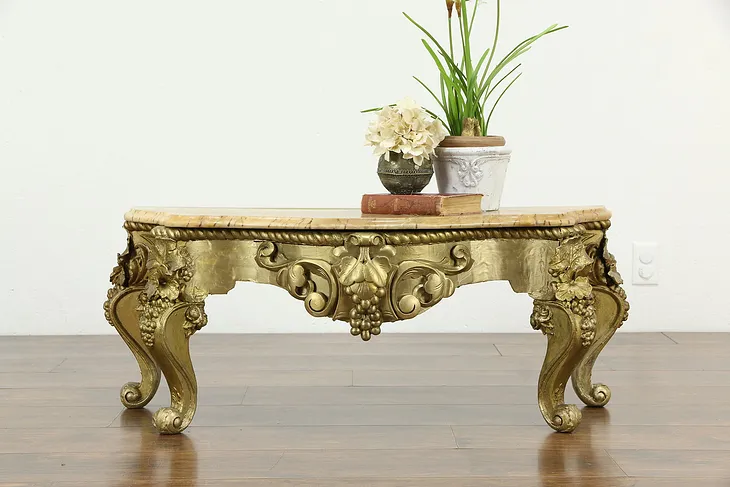 Victorian Antique Salvage Grape Design Gold Base or Low Table, Marble Top #34381