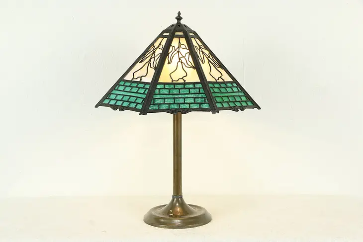 Octagonal Antique Lamp, 2 Color Stained Glass Filigree Shade #33910