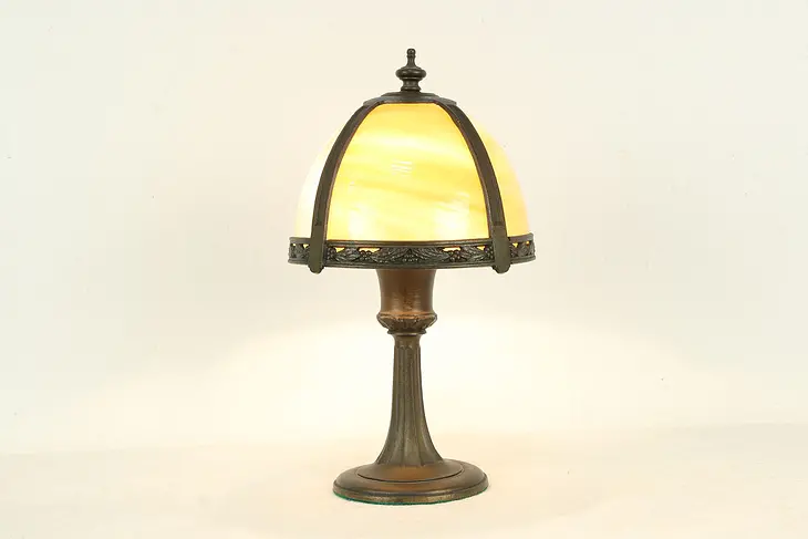 Stained Glass Curved Panel Shade Antique Small Table Lamp, Signed Miller #34434