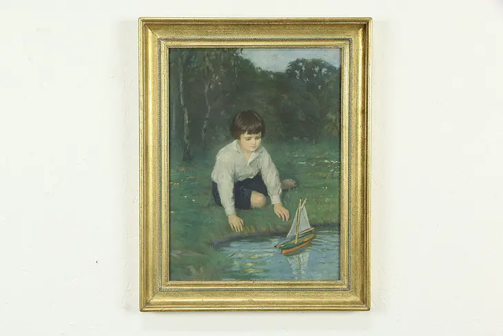 Young Mariner Antique Original Oil Painting, Gluecklich 19 1/2" #34681