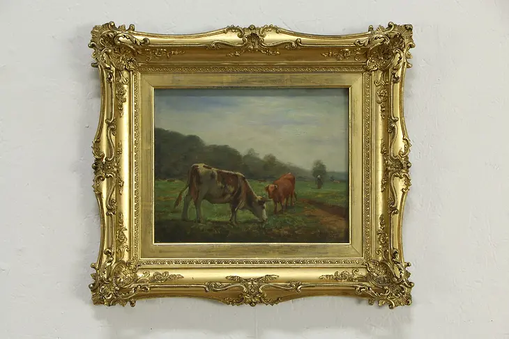 Pastoral Scene With Cows, Original Antique Oil Painting, Doty 1899 17" #33612