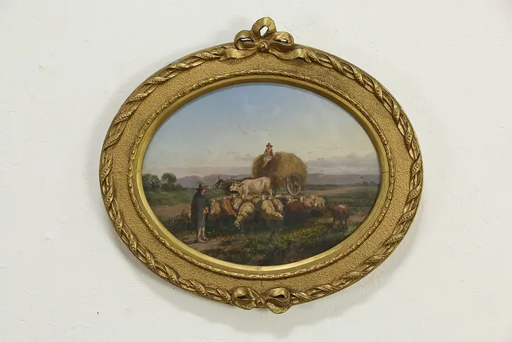 Farm Scene Oval Antique Original Italian Painting, A Milone 1868 19" #33613
