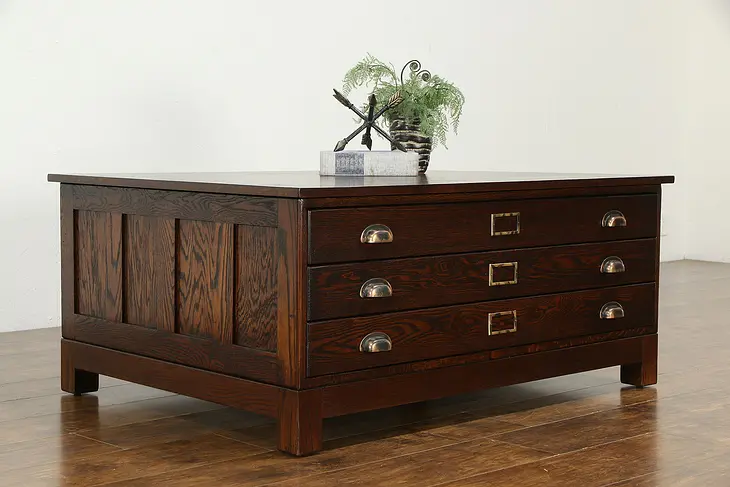 Oak Vintage Map Chest, Collector or Document File Coffee Table #33626