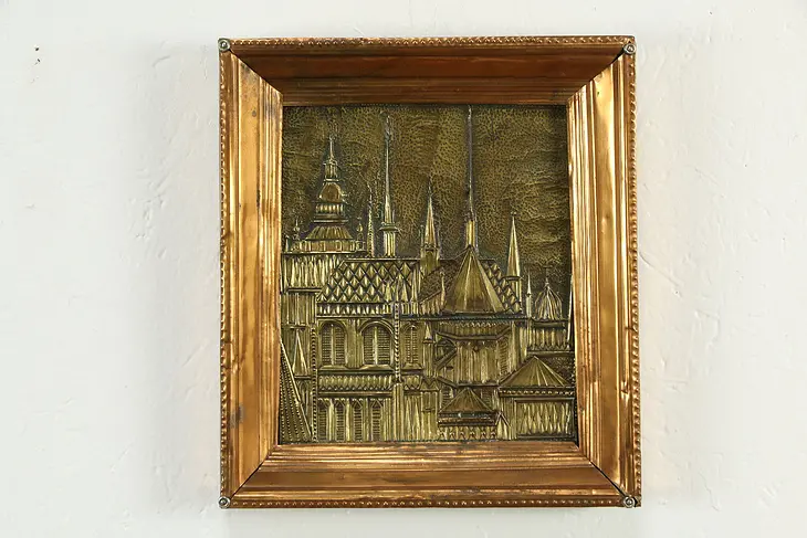 Gothic Towers Antique Hammered Bronze Plaque, Copper Frame #33733
